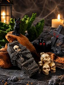 15pcs Halloween Mini Figurines Creative Miniature Skull Crow Tombstone Scene Decoration Set, Halloween Horror Village Decor, Suitable For Halloween, Horror Theme Party, Party Gift Fillers, Tabletop Decor, Home Decor - Multicolor - View 6