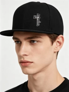 1pc Unisex Cross Faith Print Flat Brim Baseball Cap, Black & White Couple Hip Hop Snapback Hat - Multicolor - View 2