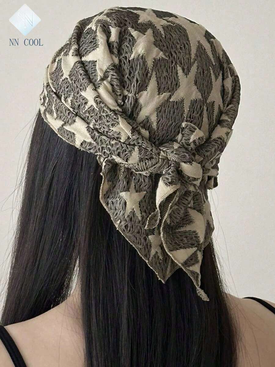 NN COOL 1 Pack Breathable Wrinkle Fabric Bandana Headscarf Vintage Gray Beige Star Printed Triangle Head Wrap With Back Knotted Detail - 彩色 - 查看 1