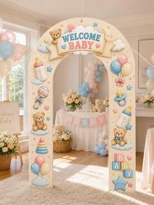 1 Set Welcome Baby Arch Door Banner Decoration, Teddy Bear Balloon Baby Bottle Print Photo Backdrop, Baby Shower Party Room Decor Supplies - C - View 2