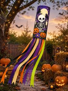 1pc Halloween Hanging Windsock, Skeleton Skull Crow Raven Pumpkin Moon Print Streamer Wind Spinner, Scary Haunted House Garden Decor Outdoor, Porch Yard Party Decoration - C - View 2