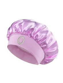 1pc Pearl Letter Print Satin Sleep Cap, Elastic Wide Band, Silky Hair Protection Cap, Suitable For Women's Night Sleep, Travel And Daily Hair Care - Multicolor - View 54