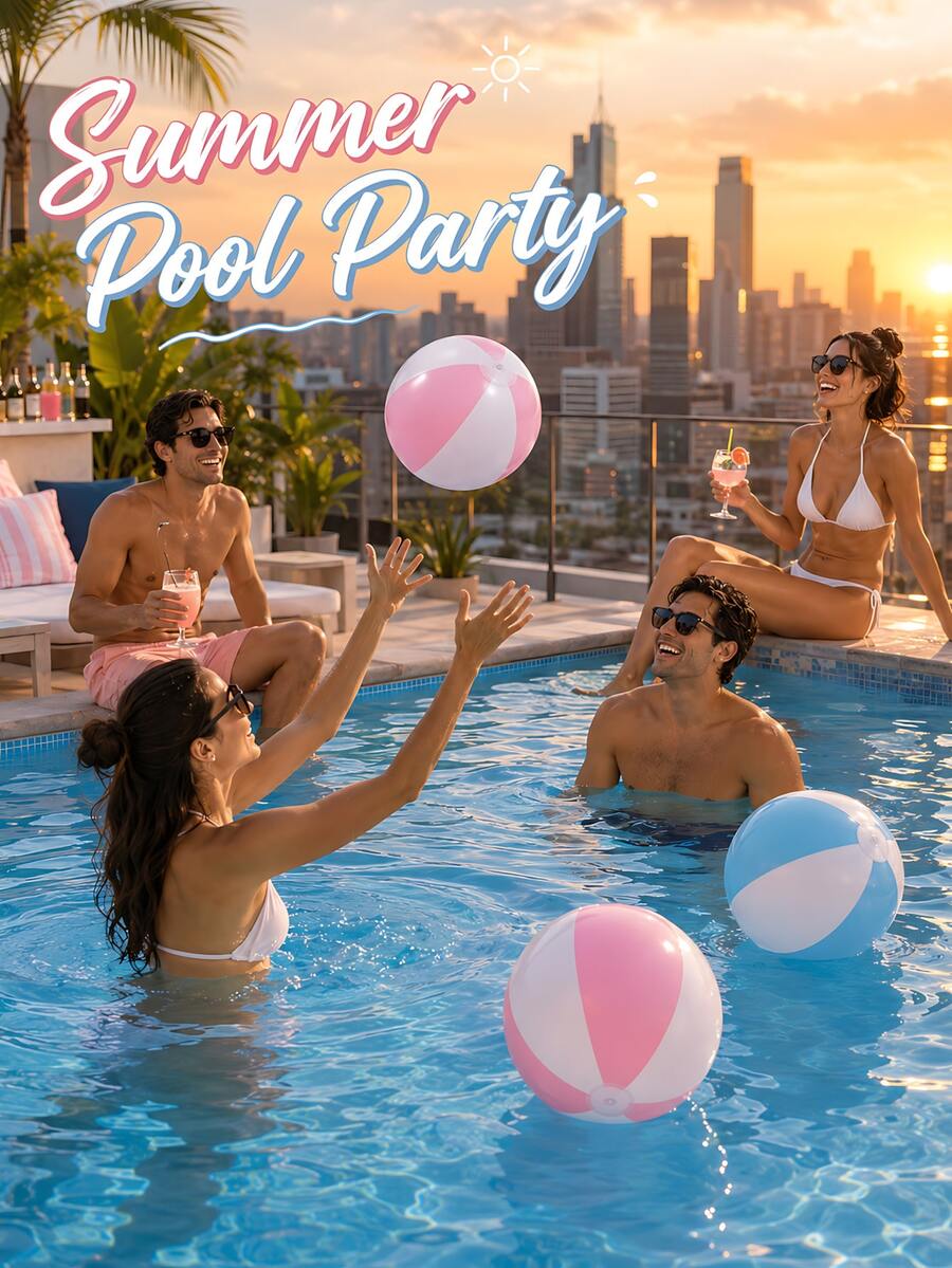 6 Peças - Bolas de Praia Infláveis (Com Bomba), Bolas Decorativas de Cor Suave, Acessórios para Piscina, Decorações de Festa em Material PVC de Cor Macaron, Adequado para Decoração de Festa de Aniversário de Verão para Adultos, Festa na Piscina de Verão, Despedida de Solteira, Presente de Aniversário e Atividades na Praia, Suprimentos de Verão ao Ar Livre, Jogos de Praia para Adultos, Suprimentos para Piscina. (Rosa, Azul) - Bola de praia - Visão 1