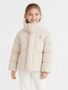 Balabala Girls' Short Down Jacket, Winter Hooded Coat, Windproof/Waterproof/Snowproof - Light Khaki - View 1