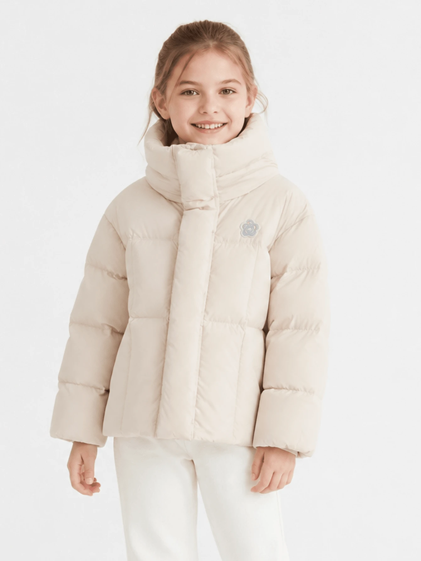 Balabala Girls' Short Down Jacket, Winter Hooded Coat, Windproof/Waterproof/Snowproof - Light Khaki - View 1