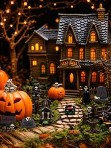 15pcs Halloween Mini Figurines Creative Miniature Skull Crow Tombstone Scene Decoration Set, Halloween Horror Village Decor, Suitable For Halloween, Horror Theme Party, Party Gift Fillers, Tabletop Decor, Home Decor - Multicolor - View 2