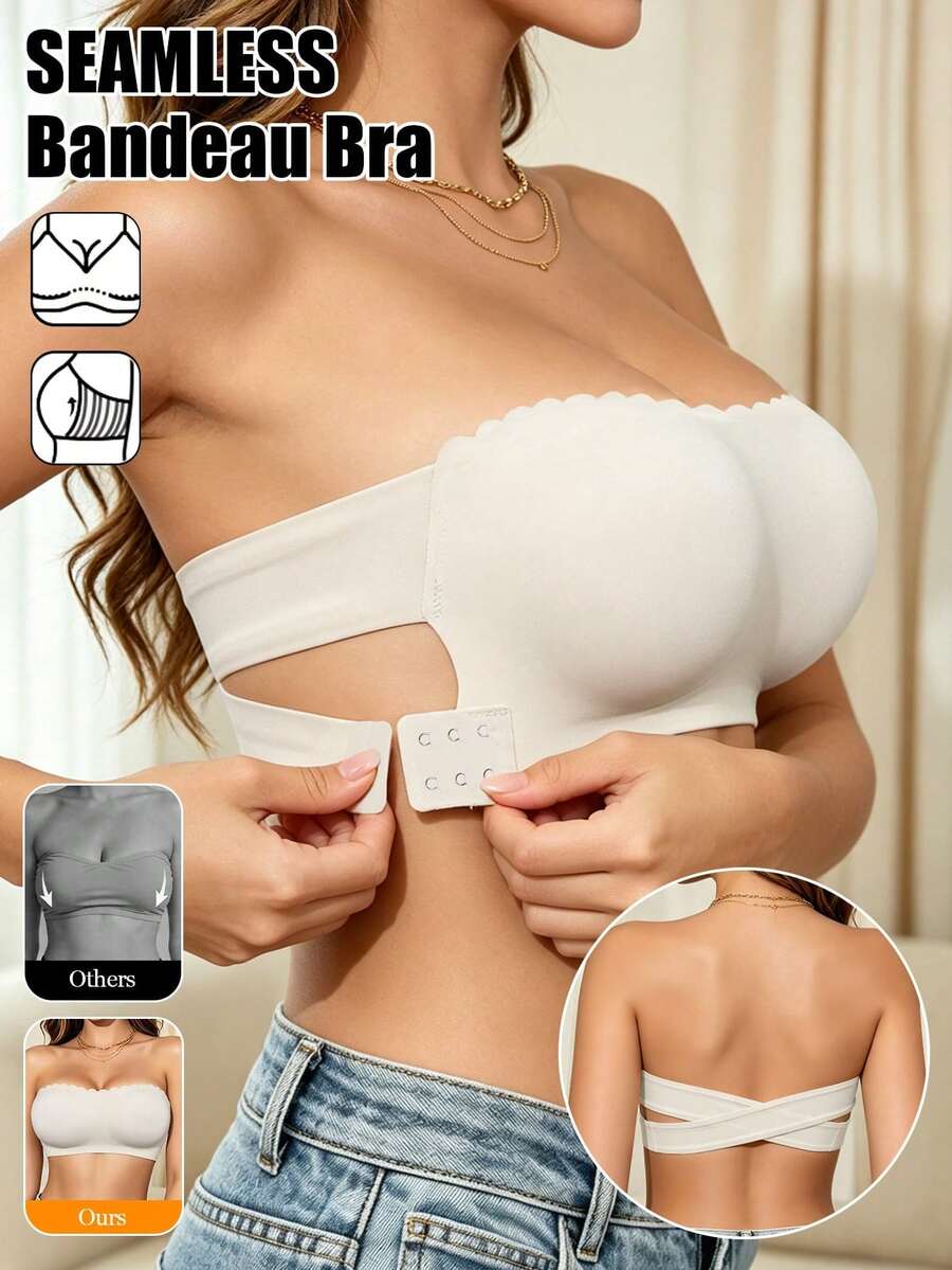 Women's Strapless Seamless Bandeau Bra Wireless Padded Tube Top,Non-Slip Sides Cross Back Invisible Backless Bra For Party Wedding Everyday Wear - White - View 1