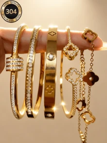 ZCNC Znice New 5-Piece Bracelet Set, Fashionable Stainless Steel + Copper, 18K Gold Plated, Women's Floral Rhinestone Bracelet Combination With Lucky Four-Leaf Clover And Sparkling Square Rhinestone Bracelet, Suitable For Women's Daily Wear, Holiday Gift, Fashionable Women's Bracelet Set - Gold - View 14