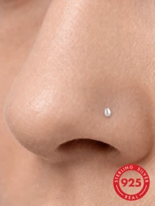 1Pc 925 Sterling Silver Classic Water Droplet Nose Stud Flat Back Hypoallergenic Body Cartilage Piercing Jewelry For Women Men Daily Wear & Gifts - Silver - View 1