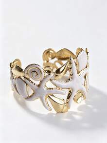 White Collection Stainless Steel Enamel Adjustable Open Cuff Bracelet, Starfish Shell Heart Design, Minimalist Fashion Summer Beach Romantic Nautical Personalized Stackable Vintage Clothing Accessory - White - View 16