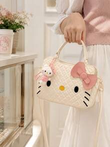 MINISO Sanrio Hello Kitty Quilted Makeup Bag, Back To School Makeup Organizer, Travel Storage Bag, Women's Fashion Handbag, Daily Storage Gift For Best Friend - White - View 3