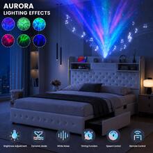 SIBEDS LED Platform Bed Frame With Galaxy Aurora Star Projector, Modern PU Diamond Tufted Upholstered Bed With 52" Tall Headboard, 2 Storage Drawers, Charging Station, Noise-Free Wooden Slats, No Box Spring Needed, Black - 白色 - 查看 1