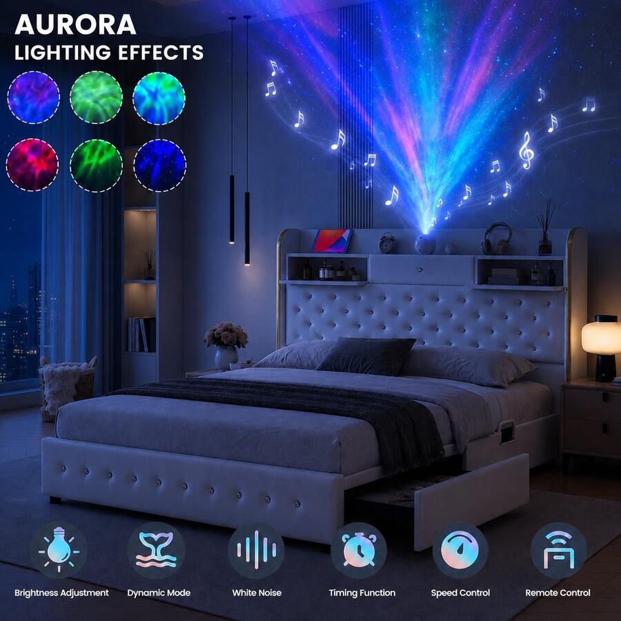 SIBEDS LED Platform Bed Frame With Galaxy Aurora Star Projector, Modern PU Diamond Tufted Upholstered Bed With 52" Tall Headboard, 2 Storage Drawers, Charging Station, Noise-Free Wooden Slats, No Box Spring Needed, Black - 白色 - 查看 1