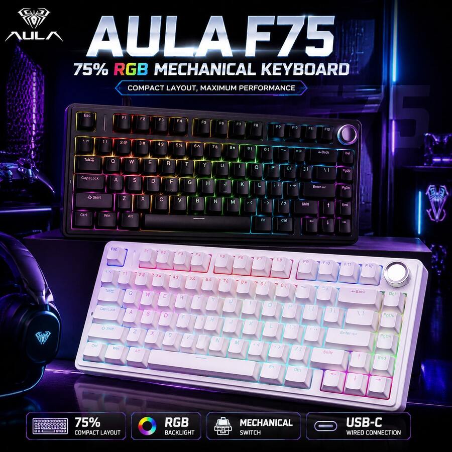 AULA F75 Wired Mechanical Keyboard RGB Backlight Gasket Soft Typing PBT Keycap Compact 80 Keys Gaming Keyboard With Volume Knob