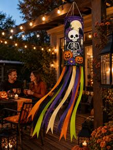 1pc Halloween Hanging Windsock, Skeleton Skull Crow Raven Pumpkin Moon Print Streamer Wind Spinner, Scary Haunted House Garden Decor Outdoor, Porch Yard Party Decoration - C - View 5
