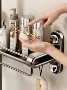 1pc Upgraded Vacuum Suction Cup Shower Caddy Holder, Stainless Steel Waterproof Rust-Proof With Towel Rack, No-Drill Large Capacity Storage Organizer For Shower Gel And Shampoo, Home Bathroom - Multicolor - View 2