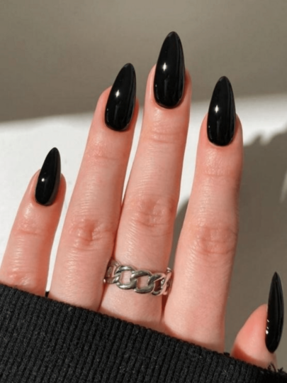 24pcs Long Almond Shaped Black Press-On False Nails Set, Perfect Fit, Medium Length Design, Suitable For Women And Girls Daily Work Wear, Nail Art Supplies