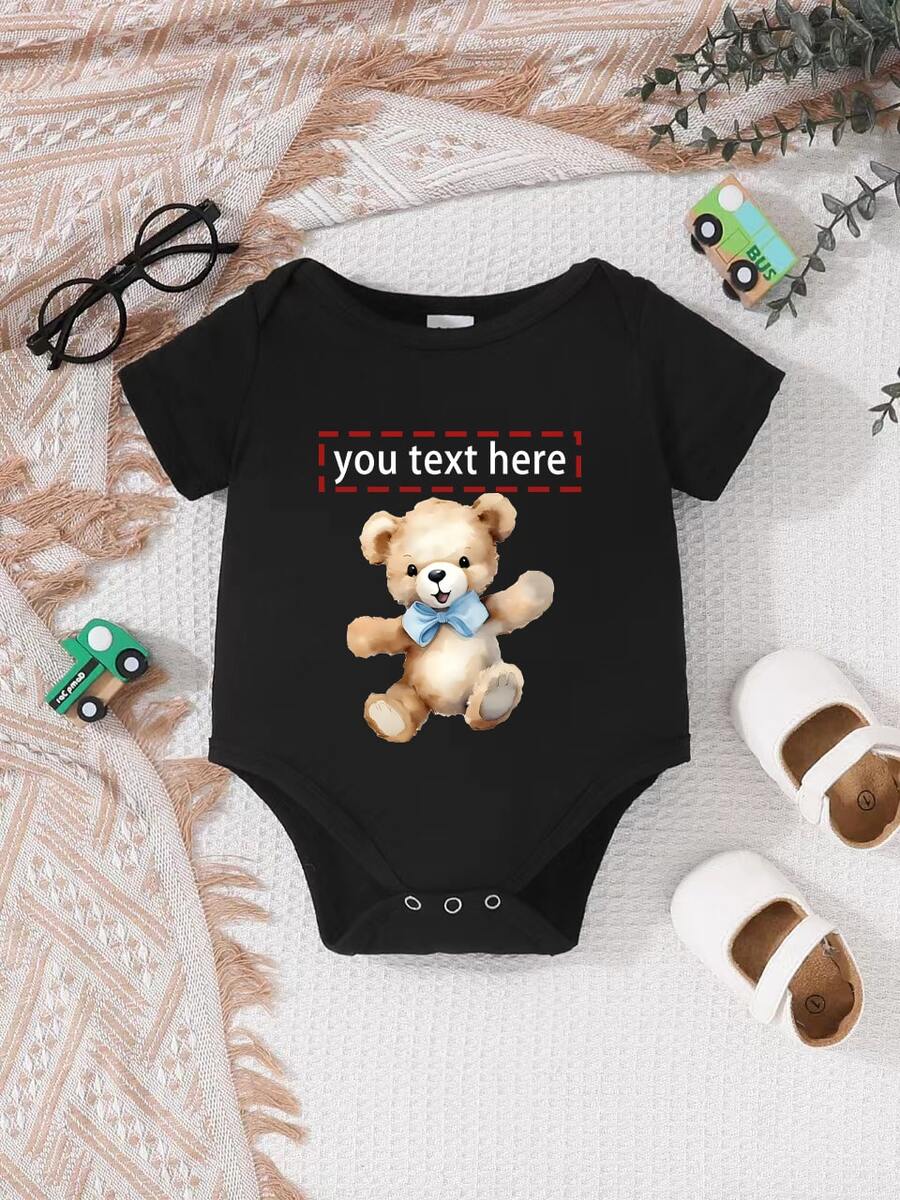 [Customized]Newborn Short Sleeve Romper, Supports Personalized DIY Name Customization, Cute Bear Print Design, Unisex New Style Crawler, Knitted Fabric, Simple Design, Easy Care Clothing, Suitable For Daily Wear - Black - View 1