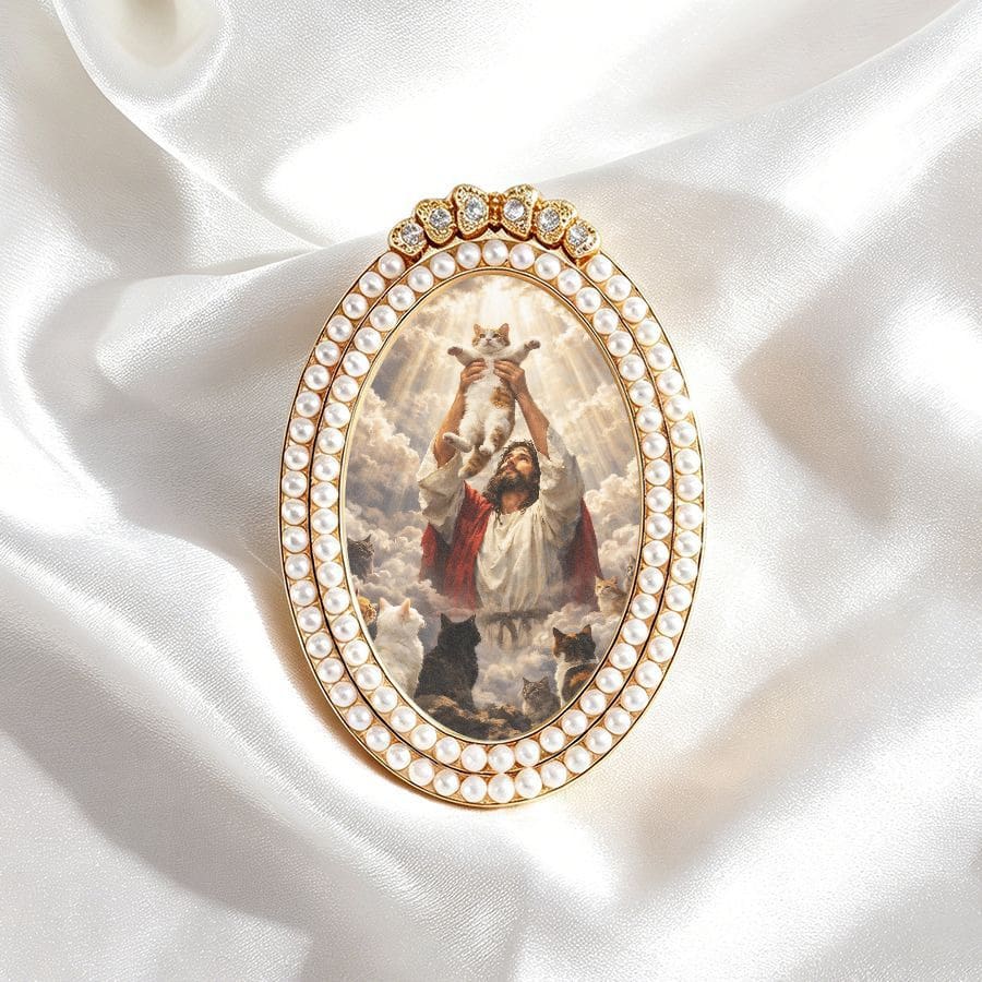 1pc Exquisite Refrigerator Magnet, Vintage Oval Decorative Magnetic Sticker, Handcrafted Metal With Rhinestones, Interesting Godfather Holding Cat Pattern Fridge Magnet, Perfect Gift, Home Decor! - one-size - View 1