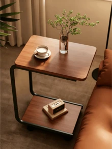 1pc 2-Tier Rolling Side Table With Magazine Storage Pocket, Mobile C Shaped Sofa End Table With Wheels, Wooden Top Snack Bedside Side Table For Living Room Bedroom Small Space - Multiple Specifications - View 2