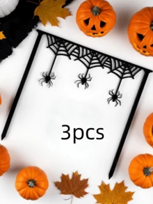 3pcs Halloween Cake Topper Set, Spider Web Spider Black Acrylic Cake Decor, Spooky Party Dessert Decoration, Halloween Celebration - A - View 7