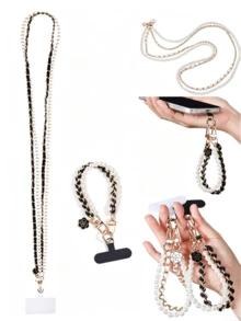1PC/2PSCLuxury Pearl Phone Lanyard Metal Accessories Lanyard Neck Strap Portable Phone Lanyard Accessories With Card Slot Phone Strap Accessories For Mobile Phones With Phone Cases - Multicolor - View 7