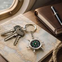 Nautical Ship Wheel & Compass Keychain, Silver Metal Texture Pendant, Bag Key Ring Book Decor Small Gift - A - View 2