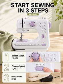 SMEGGEMS Mini Portable Electric Sewing Machine, 12 Stitches, Adjustable Speed, Built-In LED Light, Electric And Manual Dual Mode, Includes Foot Pedal And Bobbin Set, Suitable For Clothing Repair, DIY Crafts And Beginners - Mauve Purple - View 2