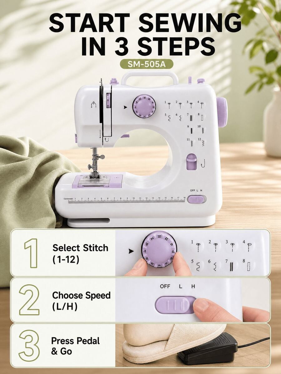 SMEGGEMS Mini Portable Electric Sewing Machine, 12 Stitches, Adjustable Speed, Built-In LED Light, Electric And Manual Dual Mode, Includes Foot Pedal And Bobbin Set, Suitable For Clothing Repair, DIY Crafts And Beginners