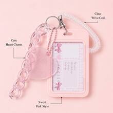 1pc Pink Glitter Heart Pendant ID Card Holder, Transparent Wrist Strap And Acrylic Chain, Creative Multi-Functional Card Holder, Suitable For Students Back To School, Office Badge, Bus Card, Campus Card, Keychain Gift - Pink - View 2