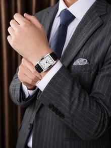 1PC Men's Black PU Leather Strap Square Dial Quartz Watch, Stainless Steel Case Business Fashion Men's Watch, Suitable For Business Occasions And Daily Wear As Birthday Gift, Christmas Gift, Men's Anniversary Gift - Black - View 7