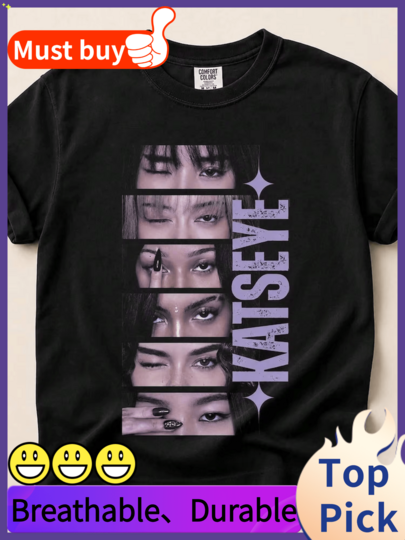 T-shirt KATSEYE com padrão de olhos, quadrada, Y2K, vintage, lavada, com padrão de colagem de grupo feminino, t-shirt unissexo para fãs, top feminino de verão, top de verão