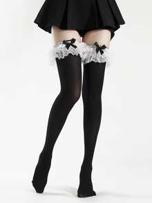1 Pair Sweet Ruffle Lace Cuff Bowknot Decor Over-The-Knee Long Socks, High Elasticity Thigh High Socks, Black And White Cute Lolita Socks, Suitable For Cosplay, Campus Outfit And Daily Styling Fashion Accessory - Multicolor - View 12