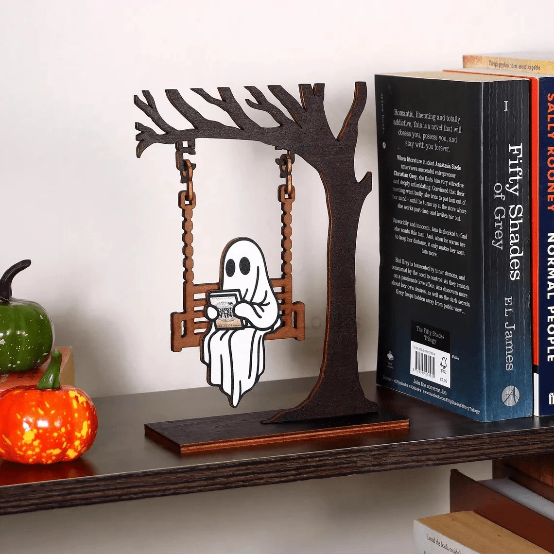 1pc Wooden Ghost On Swing - Ghost Reading Decor, Halloween Decoration, Library Sign, Autumn Decor, Bookshelf Decor, Book Lover Gift, Book Corner Decoration To Add A Touch Of Fantasy To Your Bookshelf - Ghost - View 1