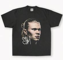 Magliette da uomo, T-shirt unisex vintage con autografo e ritratto di Erling Haaland, design retrò da stella del calcio - nero - Visualizzare 8