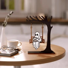 1pc Wooden Ghost On Swing - Ghost Reading Decor, Halloween Decoration, Library Sign, Autumn Decor, Bookshelf Decor, Book Lover Gift, Book Corner Decoration To Add A Touch Of Fantasy To Your Bookshelf - Ghost - View 5