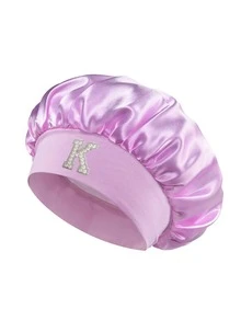 1pc Pearl Letter Print Satin Sleep Cap, Elastic Wide Band, Silky Hair Protection Cap, Suitable For Women's Night Sleep, Travel And Daily Hair Care - Multicolor - View 106