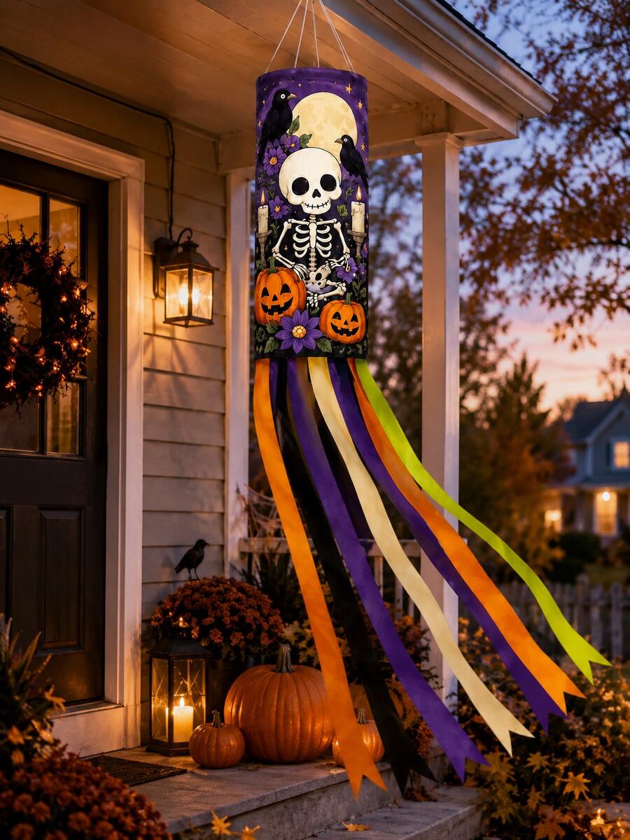 1pc Halloween Hanging Windsock, Skeleton Skull Crow Raven Pumpkin Moon Print Streamer Wind Spinner, Scary Haunted House Garden Decor Outdoor, Porch Yard Party Decoration - C - View 1