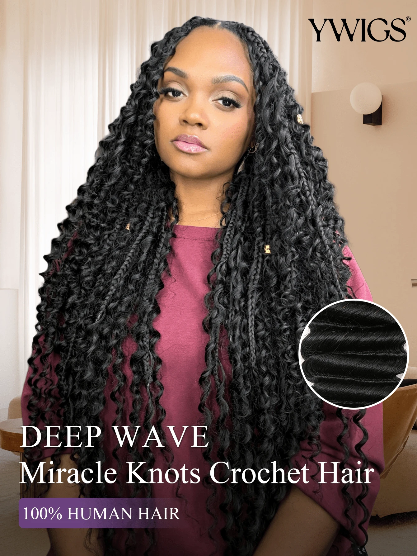 Y WIGS 深波浪 Miracle Knots 鉤編真人髮 波希米亞編髮用 預分束 100% 原生真人髮接髮 50 股/束 14-22 吋 自然色 無結羽毛鉤編髮 編髮初學者適用