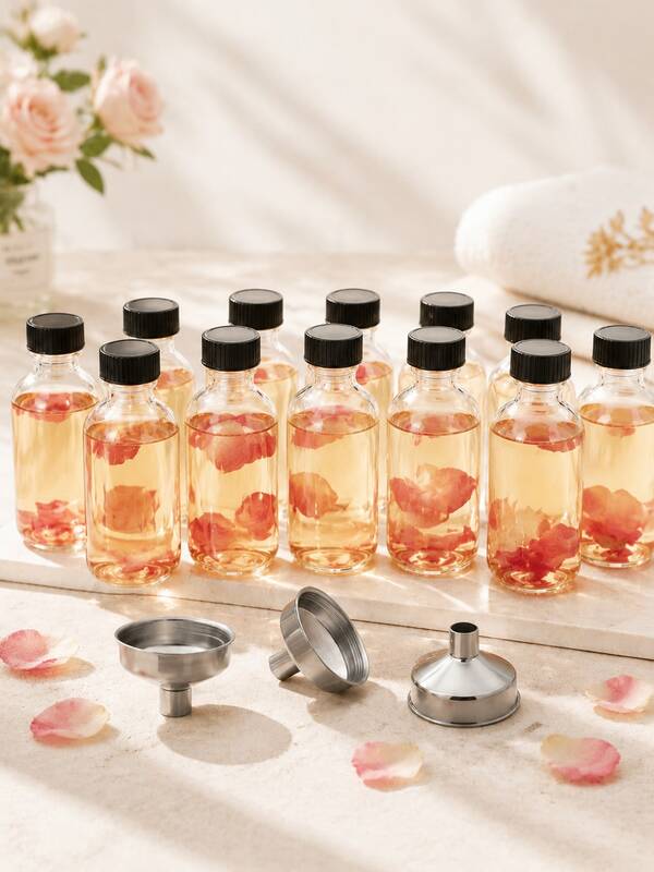 8/12/24 pièces Bouteilles en verre transparent avec couvercles et 3 mini entonnoirs en acier inoxydable, 60 ml (2 oz) Bouteilles de distribution vides à double usage pour huiles essentielles, parfum, jus de fruits, jus de gingembre, bouteilles d'échantillons scellées de voyage portables, conteneur à la mode, design compact