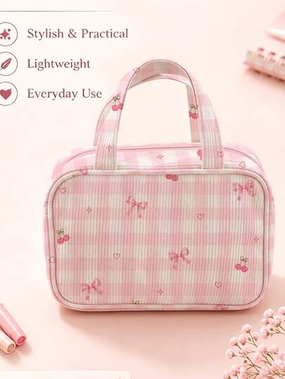 New Bow Pink Plaid Pattern Printed Makeup Bag/Handbag, Portable Travel Toiletry Bag, Corduroy Material, With Keychain Handle Tote Bag, Minimalist Casual Large Capacity Commuter Bag, Suitable For Daily Commute, Shopping And Vacation Travel Needs