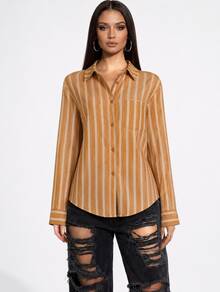 Women's Long-Sleeve Striped Linen Shirt In Colorful And Leopard Print - Mustard Yellow - View 2
