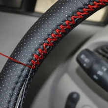 DIY PU Leather Steering Wheel Cover - Soft Microfiber, Hand-Stitched, Black Or Red, 1pc Car Interior Accessory - Multicolor - View 2