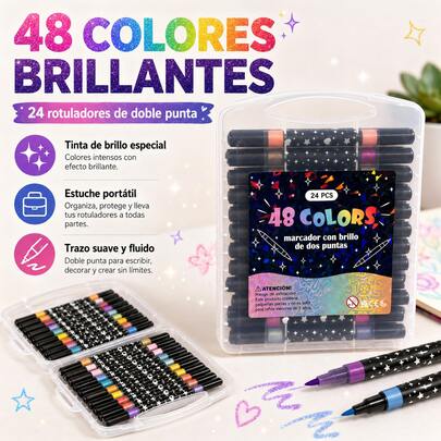 24 Double-Ended Glitter Markers With 48 Vibrant Colors. Fluid Ink, Fast-Drying, And Dust-Free. Fine Tip For Details And Brush Tip For Filling, With A Portable Plastic Case. Ideal For Drawing, Note-Taking, And Crafts, Suitable For Kids And Adults As A Lovely Creative Gift.