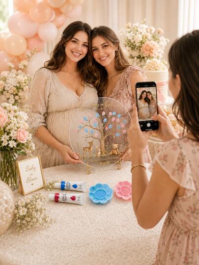 Juego de Placa de Acrílico para Libro de Visitas con Huellas Dactilares Estilo Bosque para Niños & Niñas, Incluye Base, Pintura Lavable y Bandeja, Recuerdo para Revelación de Género y Baby Shower