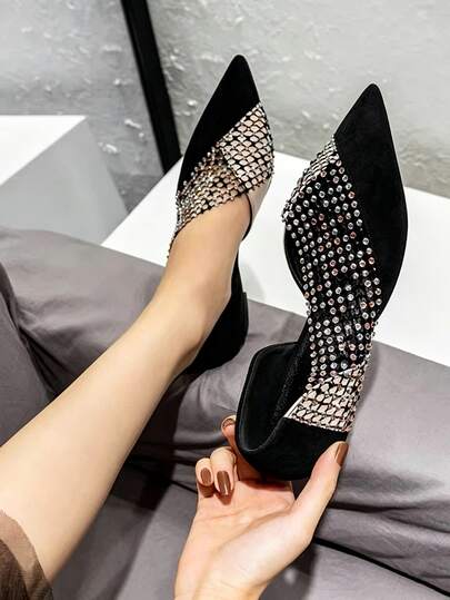 Light Luxury Elegant Black Pointed Toe Flat Shoes, Hollow Mesh Inlaid With Colorful Rhinestones Patchwork Closed Toe Design, Suitable For Dating, Parties, Shopping, Commuting, Spring/Summer Elegant Niche Hollow Rhinestone Women's Shoes