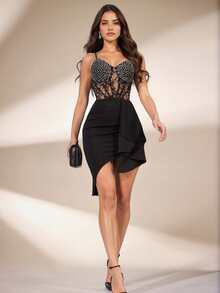 NIKBK Black Solid Color Fitted Sleeveless Spaghetti Strap Mini Dress, Rhinestone Design, With Ruched And Hollow-Out Details, Valentine's Day Women's Outfit - Black - View 8