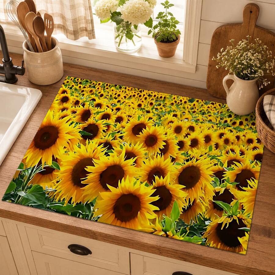 1pc Home Decor Sunflower Pattern Printed Dish Drying Mat, Coffee Machine Absorbent Mat, Sink Drain Mat, Cup Absorbent Mat, Kitchen Supplies, Bathroom Supplies, Kitchen Countertop Decoration - Multicolor - View 1