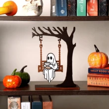 1pc Wooden Ghost On Swing - Ghost Reading Decor, Halloween Decoration, Library Sign, Autumn Decor, Bookshelf Decor, Book Lover Gift, Book Corner Decoration To Add A Touch Of Fantasy To Your Bookshelf - Ghost - View 4