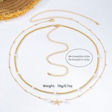 2 Peças Corrente de Cintura Feminina Estilo Boêmio Clássico de Férias, Corrente de Contas de Arroz Amarelo Dourado com Estrela-do-Mar e Pérola Falsa, Camada Dupla Destacável, Elegante e Requintada, Adequada para Uso Diário, Festa, Encontro, Praia, Litoral e Maiô Bikini - Contas douradas e estrelas-do-mar - Visão 8
